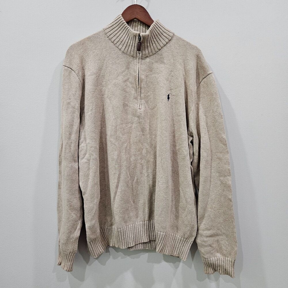 Vintage Polo Ralph Lauren Men 1/4 Zip Pullover Sweater XL Tan Long Sleeve Preppy